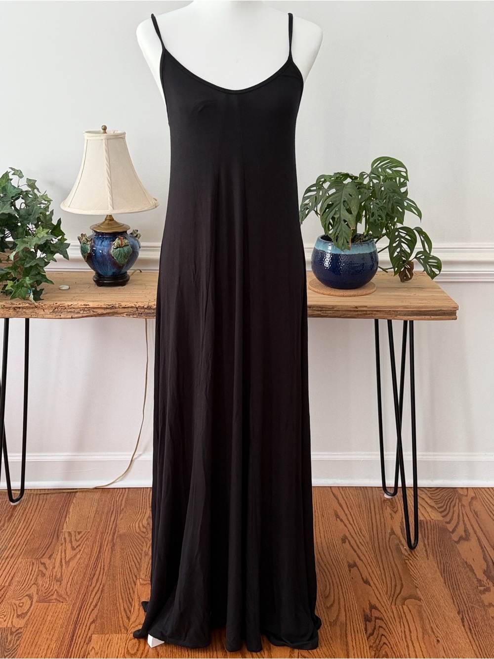 Loveappella Black Maxi Slip Dress with Thin Spaghetti Straps